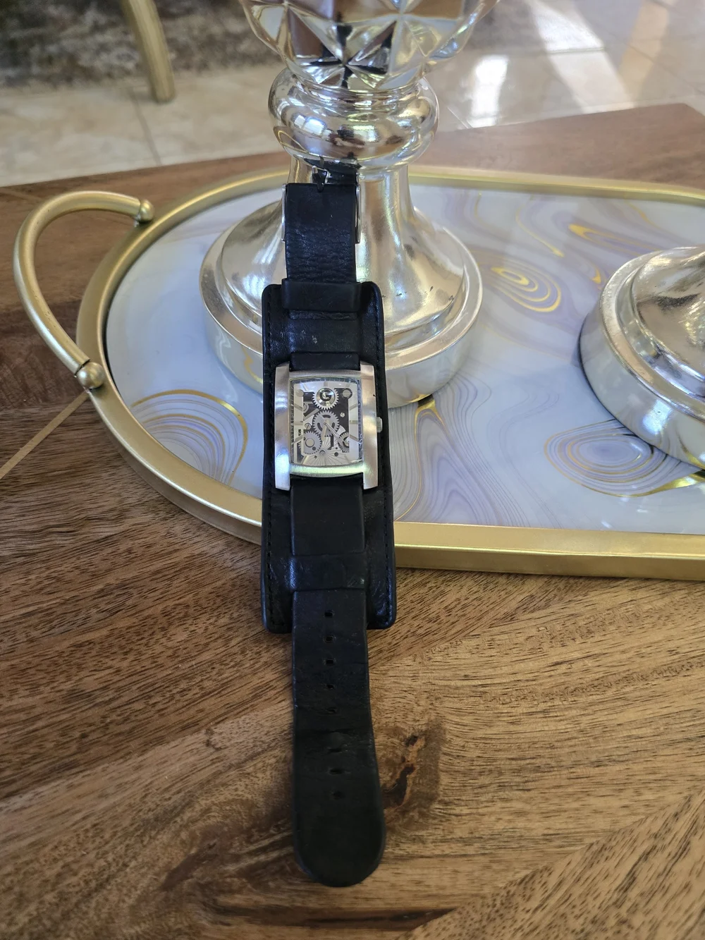 Men's Black Leather Cuff Watch with Silver Case Guess